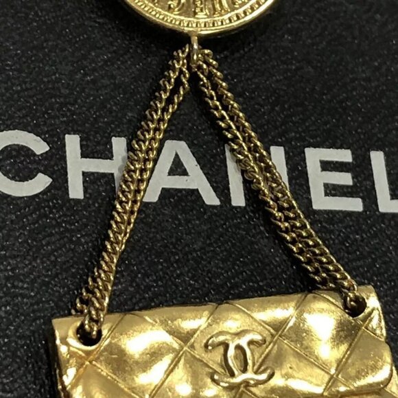 CHANEL CC Logo Quilted Bag Motif Brooch Gold Tone 93A Pin Auth w/Box D-j1151 - Picture 5 of 16